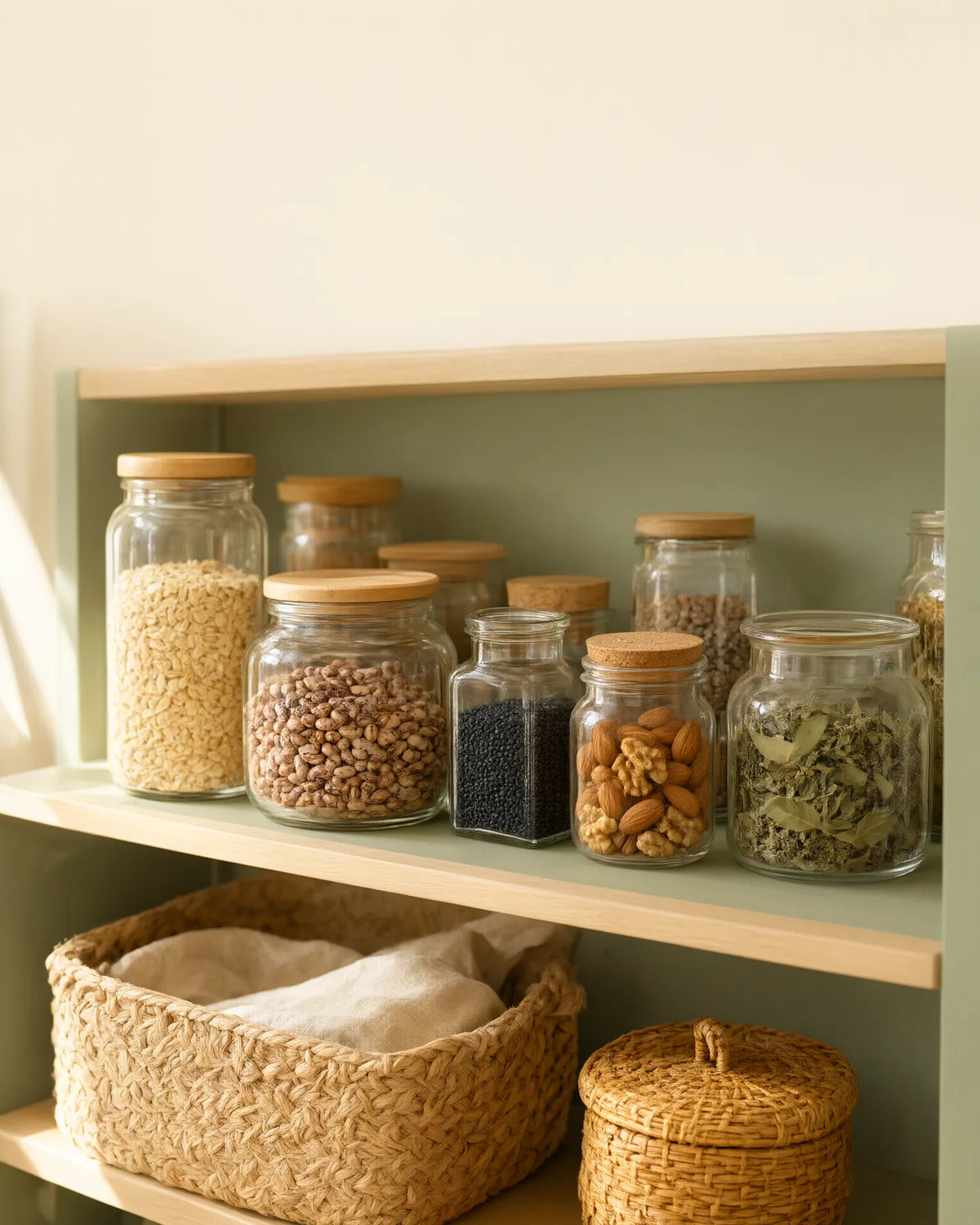Organic pantry shelves stocked with glass jars of bulk grains and dried goods in warm natural light