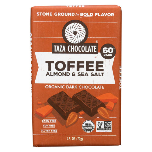 Taza Chocolate Stone Ground Organic Dark Chocolate Bar - Toffee Almond And Sea Salt - Case Of 10 - 2.5 Oz.