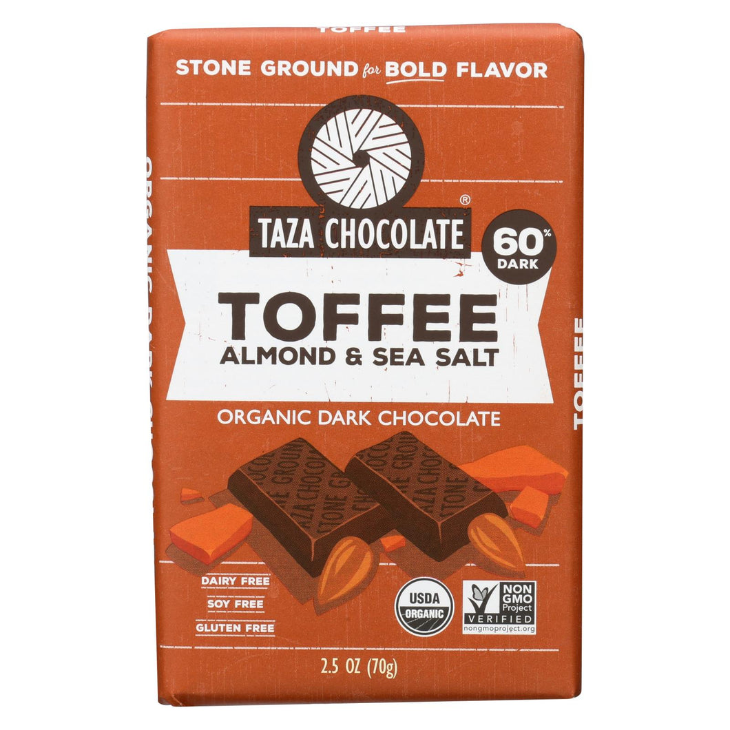 Taza Chocolate Stone Ground Organic Dark Chocolate Bar - Toffee Almond And Sea Salt - Case Of 10 - 2.5 Oz.