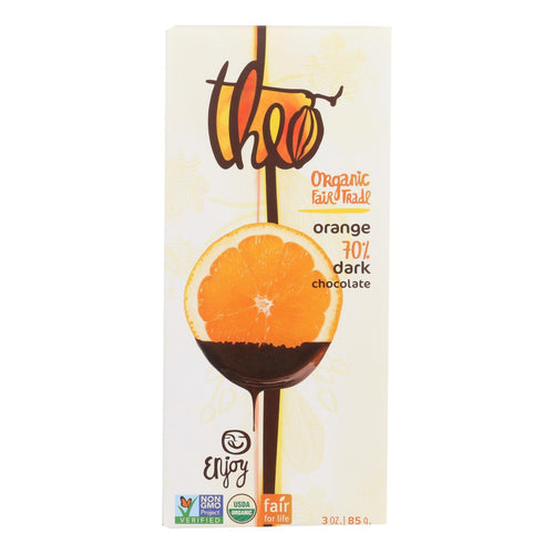 Theo Chocolate Organic Chocolate Bar - Classic - Dark Chocolate - 70 Percent Cacao - Orange - 3 Oz Bars - Case Of 12