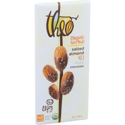 Theo Chocolate Organic Chocolate Bar - Classic - Milk Chocolate - 45 Percent Cacao - Salted Almond - 3 Oz Bars - Case Of 12